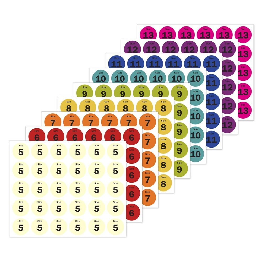 9288 Shoe Size Stickers 5 to 13, Including Half-Sizes for Retail Shoe